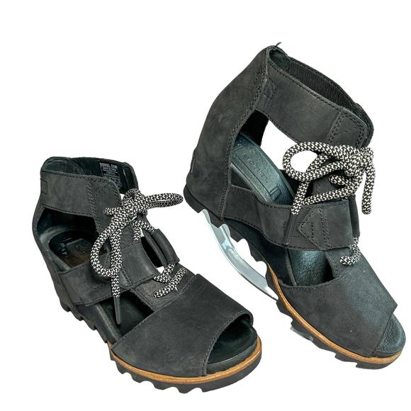 Sorel Shoes - Sorel Joanie Lace Up Wedge Heel Open Toe Leather Canvas Lug Sole Sandal Black 7